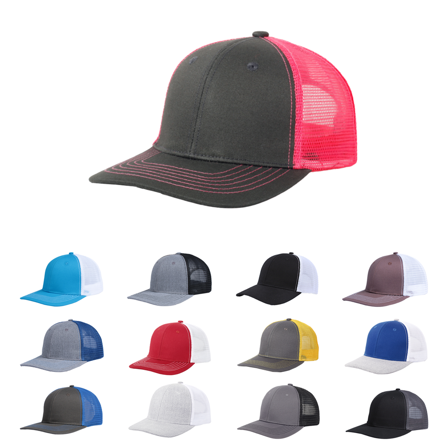Stock Solid Color Cotton 6-Panel Trucker Cap w/ Contrasting