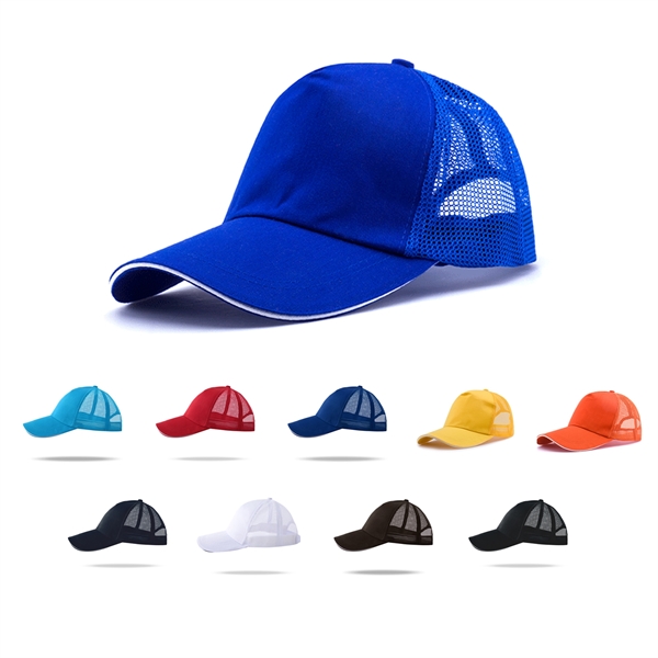 Stock Poly Cotton 5 Panel Mesh Back Cap, Velcro Fastener