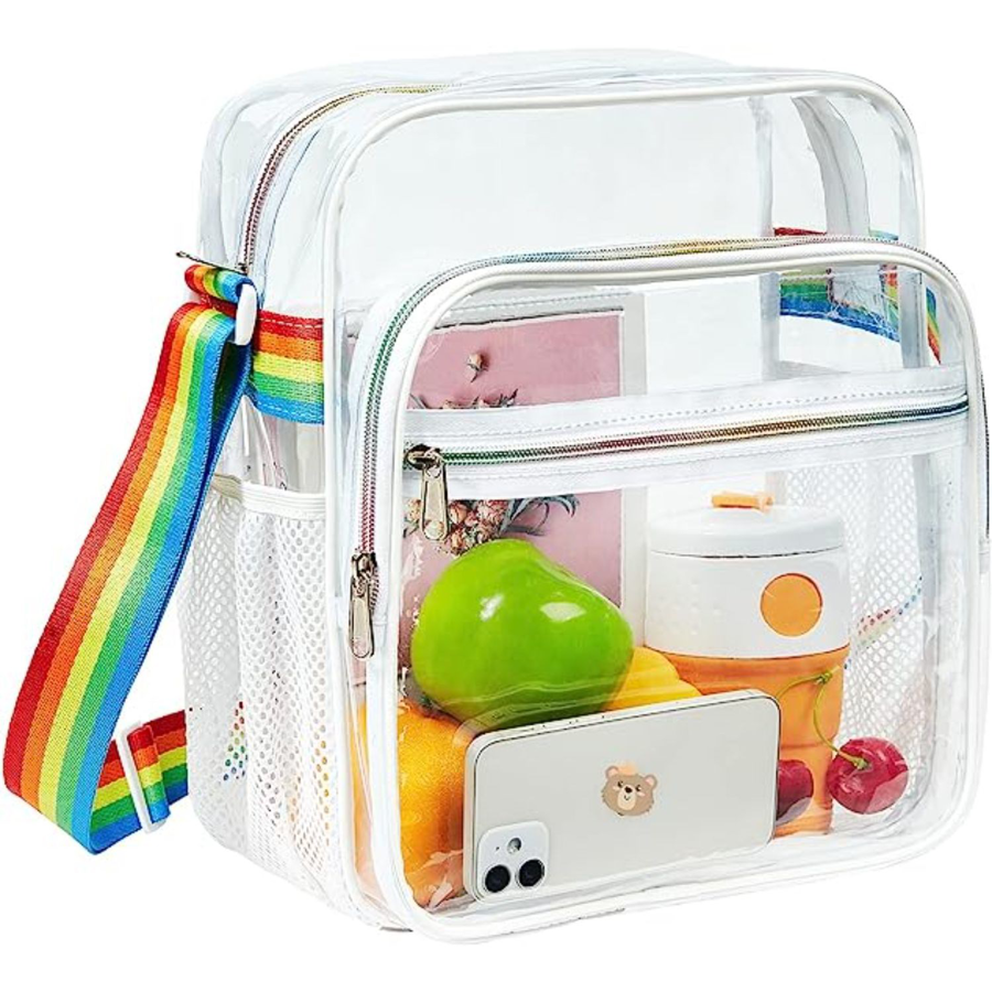 ClearPass Clear Crossbody Bag w/ Rainbow Belt - 11.5"x10"x5"