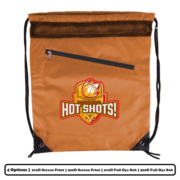 Mesh-Top Polyester Drawstring Bag w/ Slant-Zip Pocket w/ Custom Logo