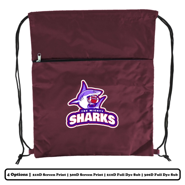 Polyester Drawstring Bag w/ Horizontal-Zip Pocket w/ Custom