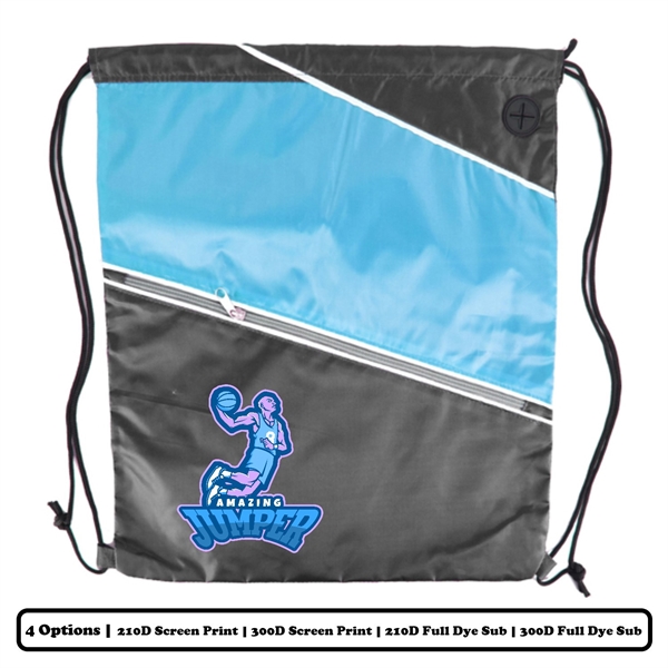 Multi-Panel Polyester Drawstring Bag w/Slant-Zip Pocket w/