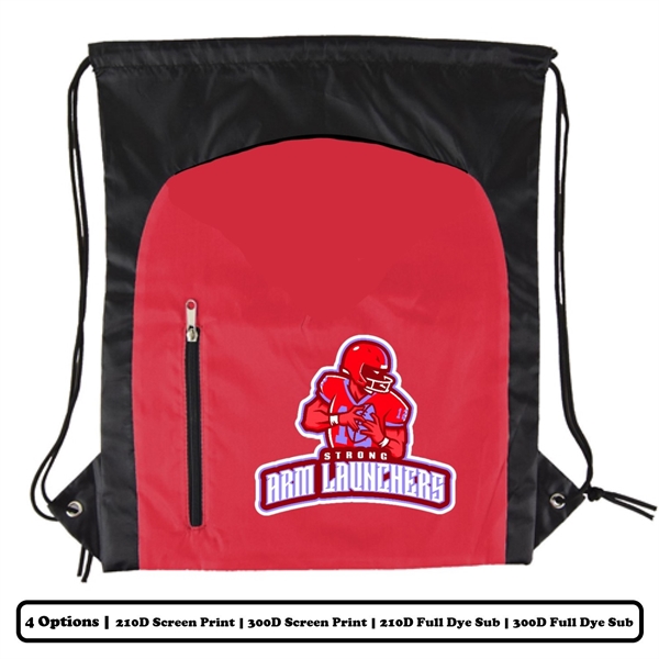 Polyester Drawstring Bag w/ Large Vertical-Zip Pocket w/ Custom Logo