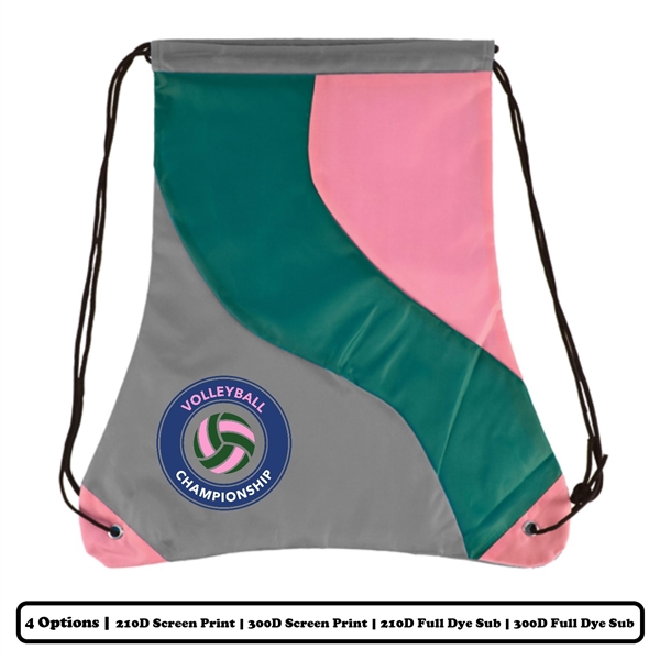 Multi-Panel Swiggly Colorblock Polyester Drawstring Bag w/