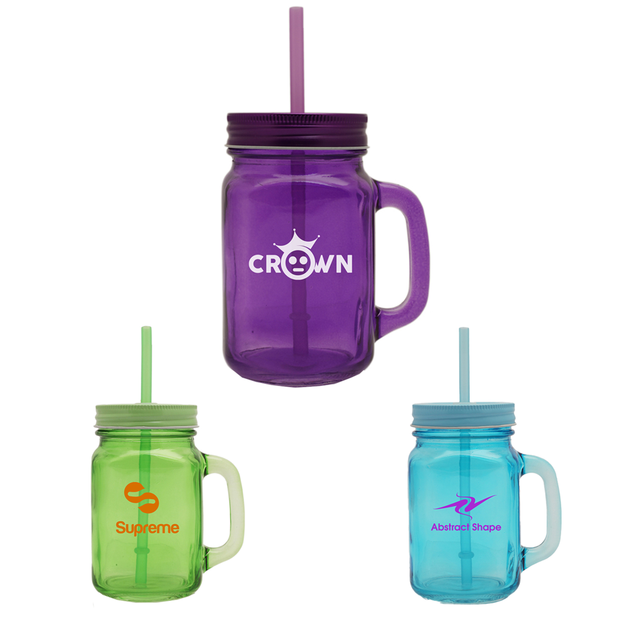 15 oz Colorful Handle Mason Jars with Straw