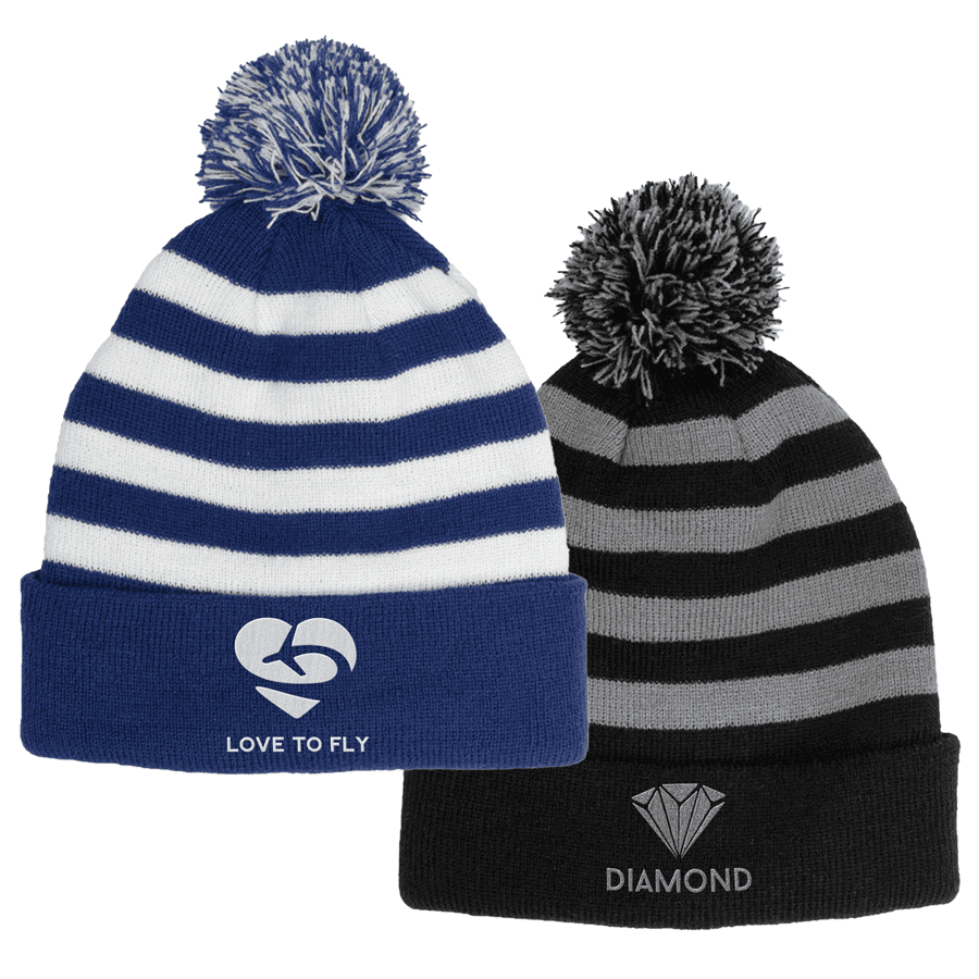 Striped Ribbed Knit Beanie with Pompom