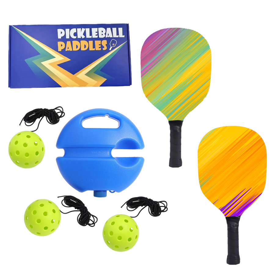 Wooden Pickleball Set w/ Rebound Trainer & Colorful Box