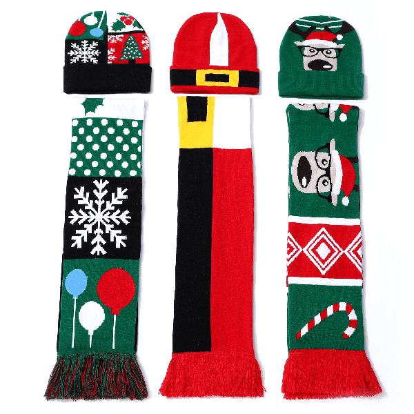 Custom High Knitted Stretch Acrylic Cuffed Beanie and Scarf Set