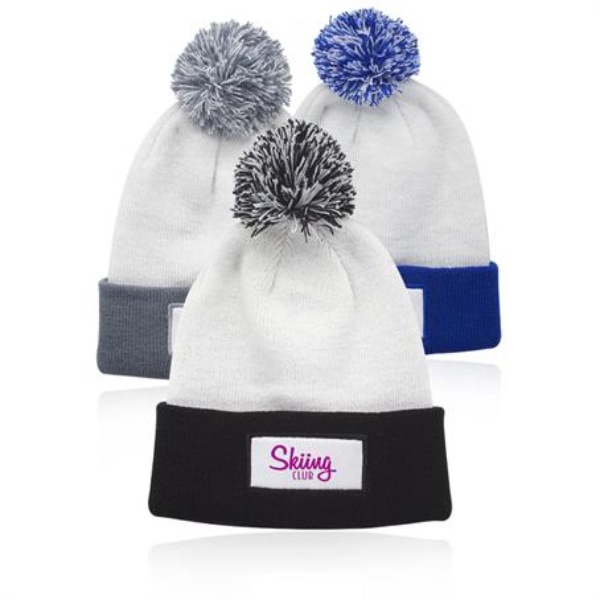 Fuji Two-Tone Patch Pompom Beanies w/ Custom Embroidery