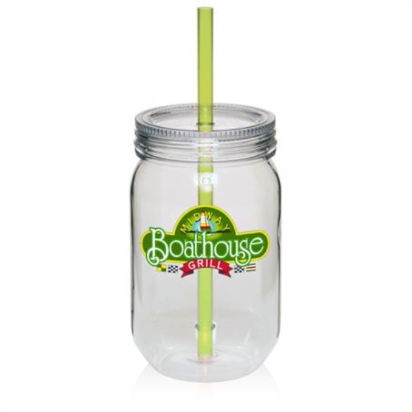Custom 24 Oz. Single Wall AS Plastic Mason Jars with Straw