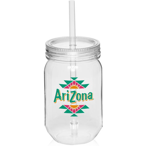 Custom 24 oz. Plastic Single Wall Mason Jars with Straw
