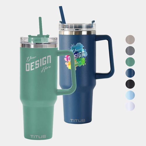 Premium 40 oz TiTUS® Double Wall Stainless Steel Insulated Custom Travel Mug with Straw & Handle