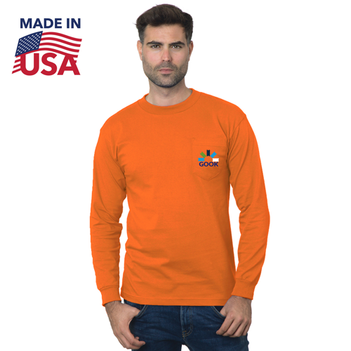 USA-Union Made Pre-Shrunk Long Sleeve Pocket Crew Tee Shirt w/ Custom Logo