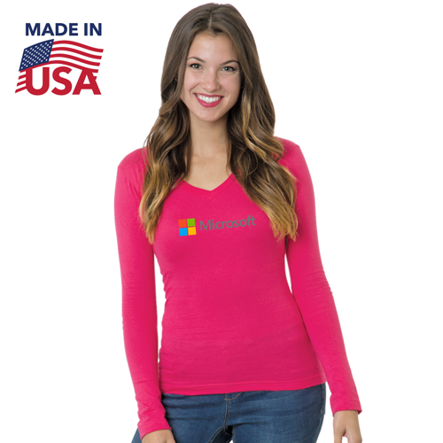 USA-Made Junior Long Sleeve Deep V-Neck w/ Custom Logo