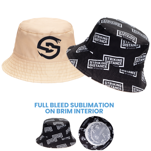 Custom sublimated unstructured bucket hat with inside brim imprint, lightweight and stylish for outdoor events
