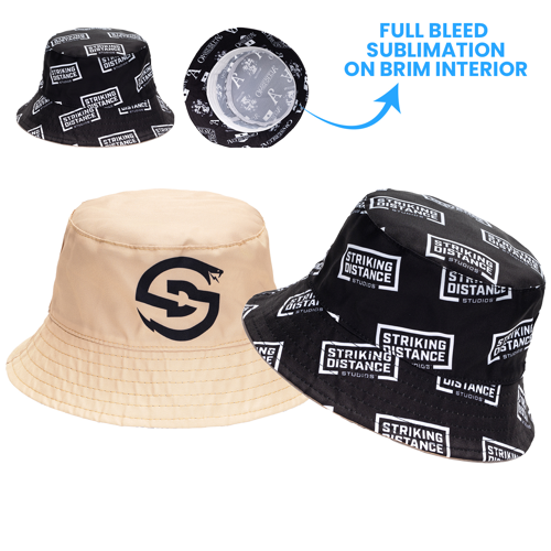 Custom sublimated unstructured bucket hat with inside brim imprint, lightweight and stylish for outdoor events