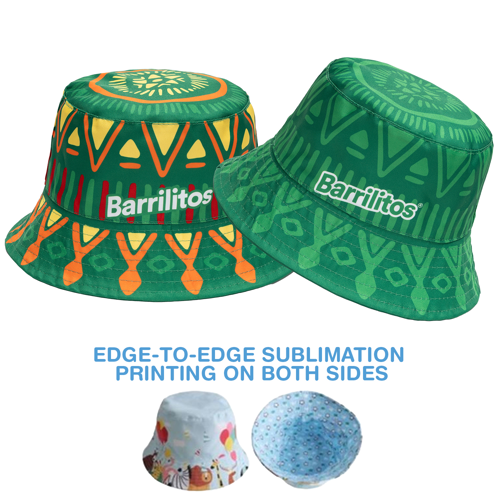 Custom reversible bucket hat with full-color dye-sublimation on both sides for versatile branded style