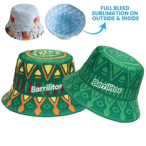 Custom reversible bucket hat with full-color dye-sublimation on both sides for versatile branded style