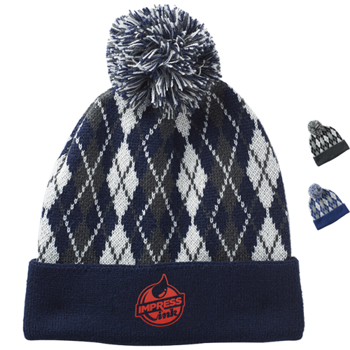 Custom Knitted Pompom Beanies w/ Diamond Pattern Design