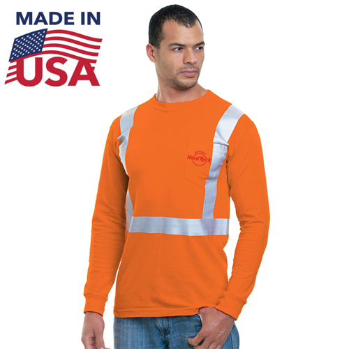USA Made Custom Printed 100% Cotton Class 2 Safety Long Sleeve T-Shirt with Pocket