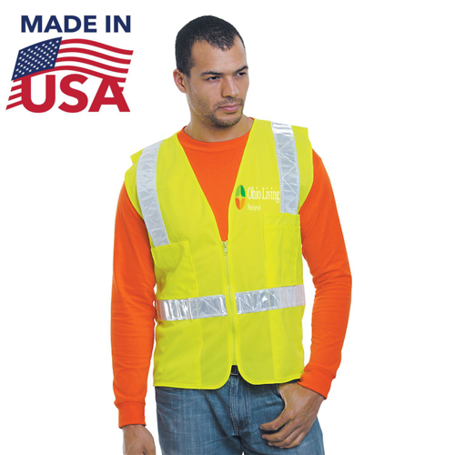USA Made Custom Printed Class 2 Polyester Safety Zipper Vest with Pockets