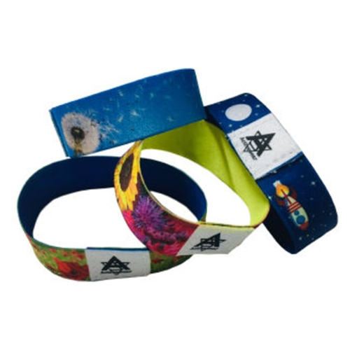 Custom 1/2 inch sublimated elastic wristband with customizable woven label for events and branding