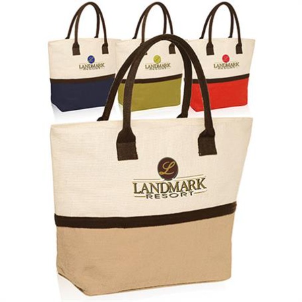 17.5"W x 13.5"H x 6"G Two-Tone Jute Beach Tote Bags
