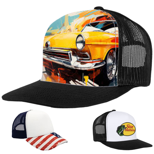 Custom Full Color 5 Panel Polyester Mesh back Trucker Cap w/ Plastic Snapback