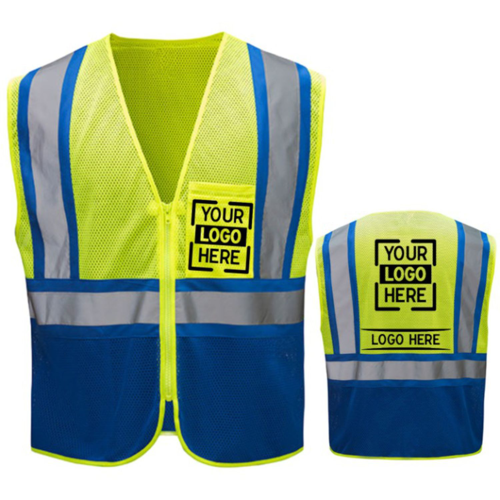 Reflective Class 2 Mesh Blue Bottom Safety Vest With Pockets