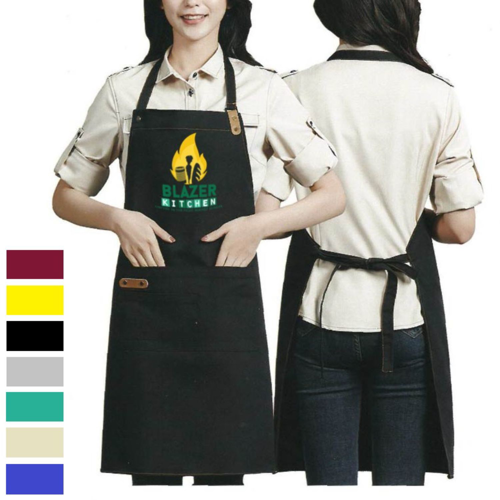 Custom Printed 14 oz. Poly-Canvas Kitchen Apron w/ Leather accent & 2 front pocket