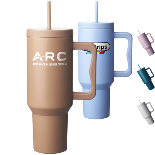40 oz. Stainless Steel Custom Travel Mugs w/ Handle & Straw Lid