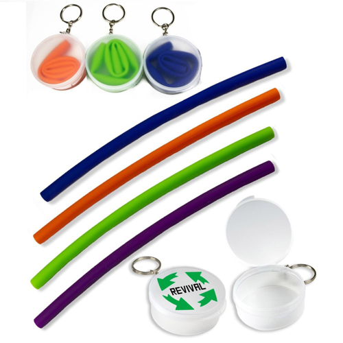 Reusable Custom Soft Silicone Straw w/ Carrying Case & Keyring