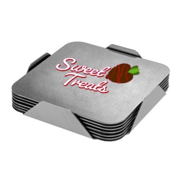 Steel 6 Piece Square Coaster Set w/ Stand & Custom Imprint