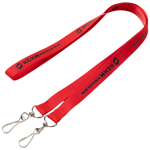 Custom red double-ended polyester lanyard with black KGHM Robinson Mine logo and dual metal hooks