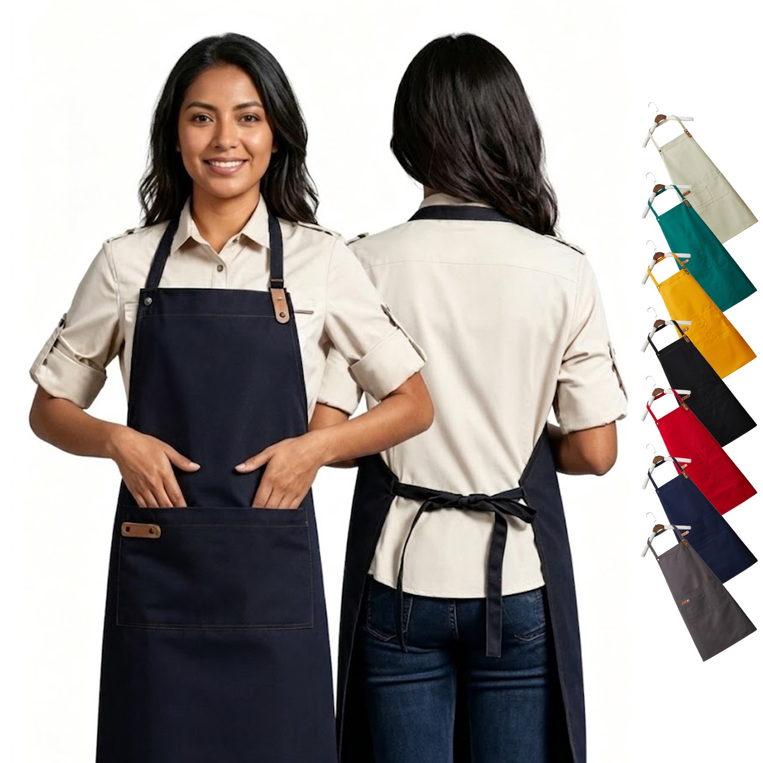 14 oz. Poly-Canvas Kitchen Apron w/ Leather accent & 2 front pocket 30"L x 25.6"W