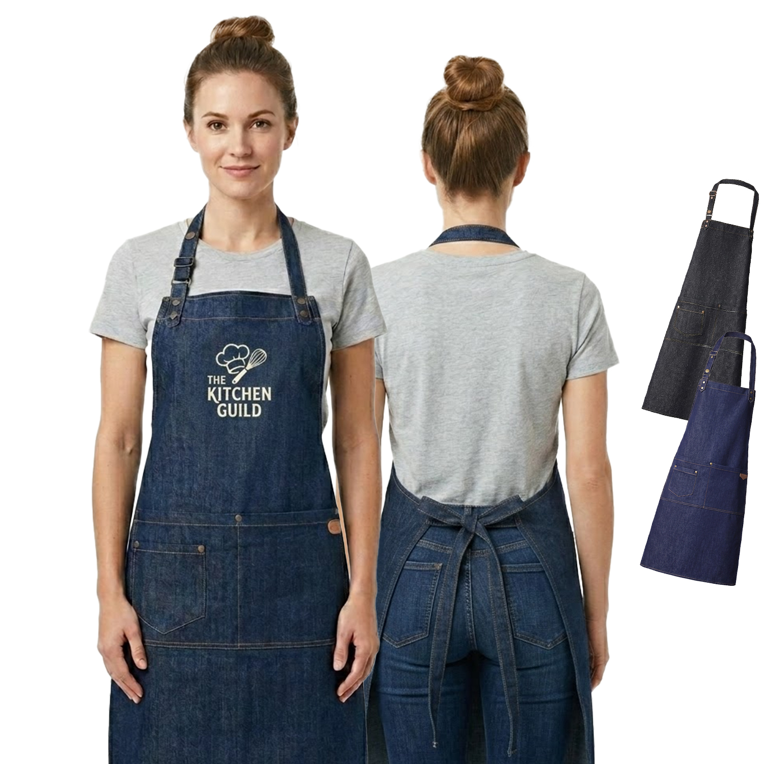 12 oz. Poly Denim Kitchen Aprons w/ Adjustable straps & 3 Pockets