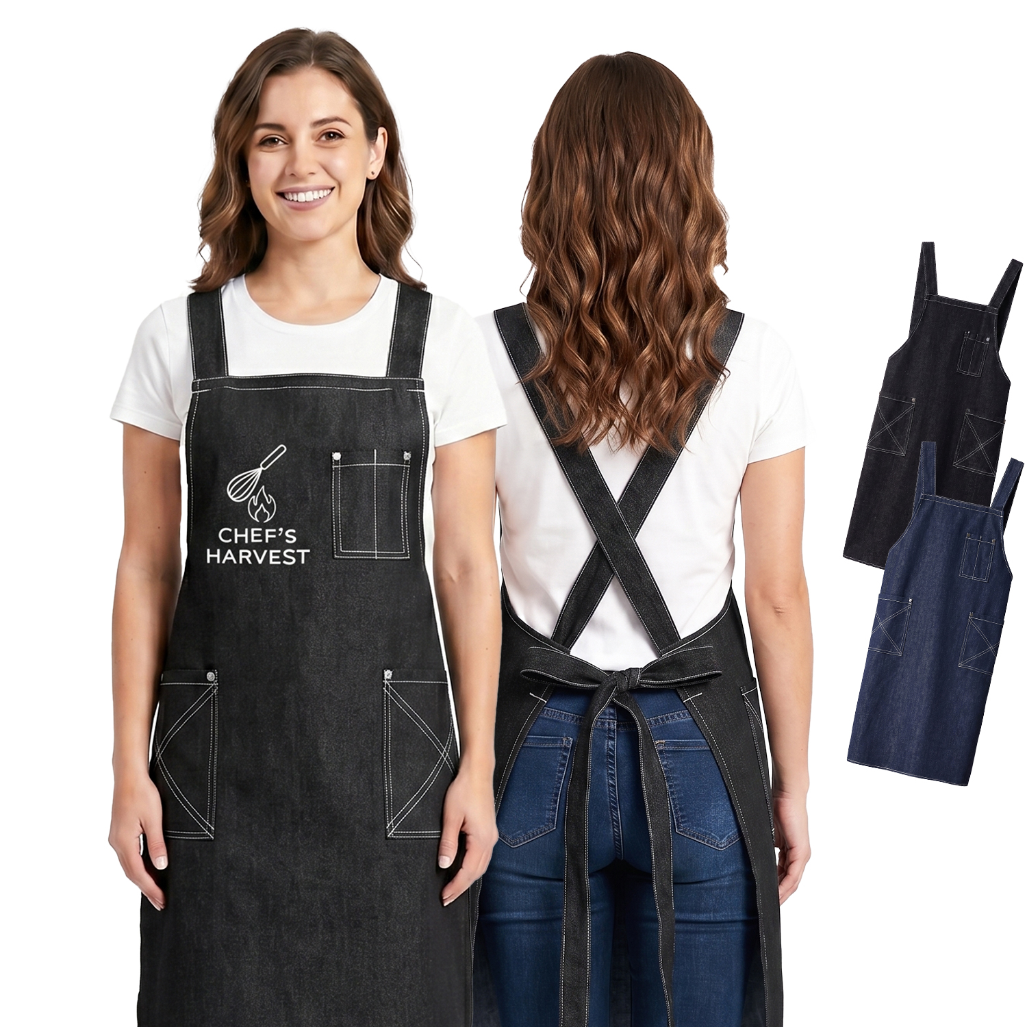 Cotton Denim Kitchen Aprons w/ Cross Strap & 3 pockets