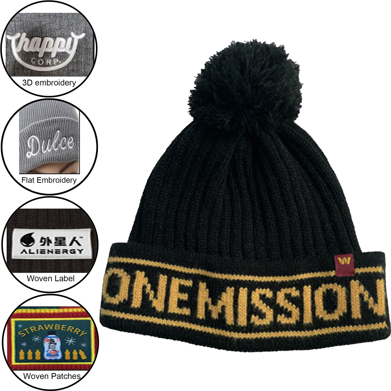 Custom made Pom Pom striped knitted Cuffed beanie with logo