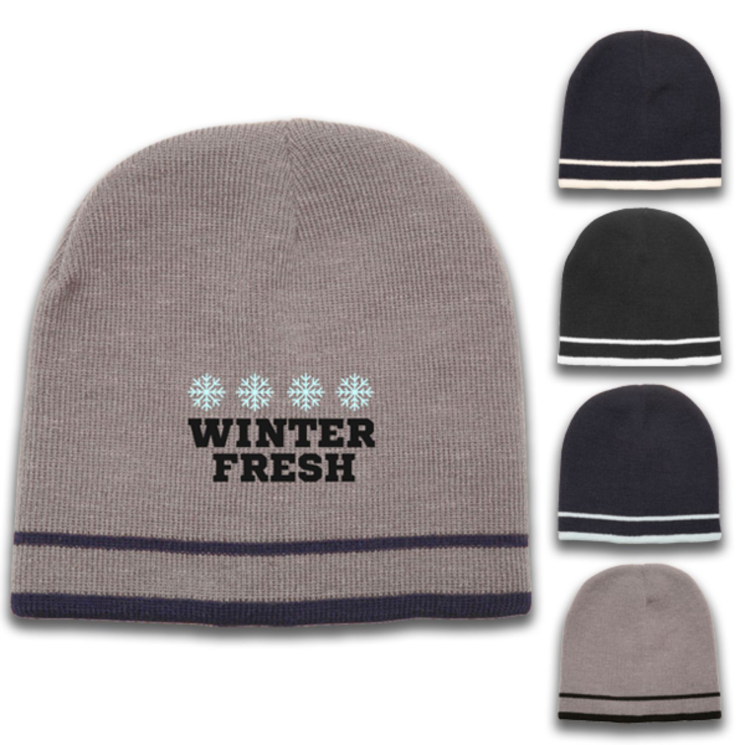 Acrylic Knit embroidered beanies w/ Double stripe