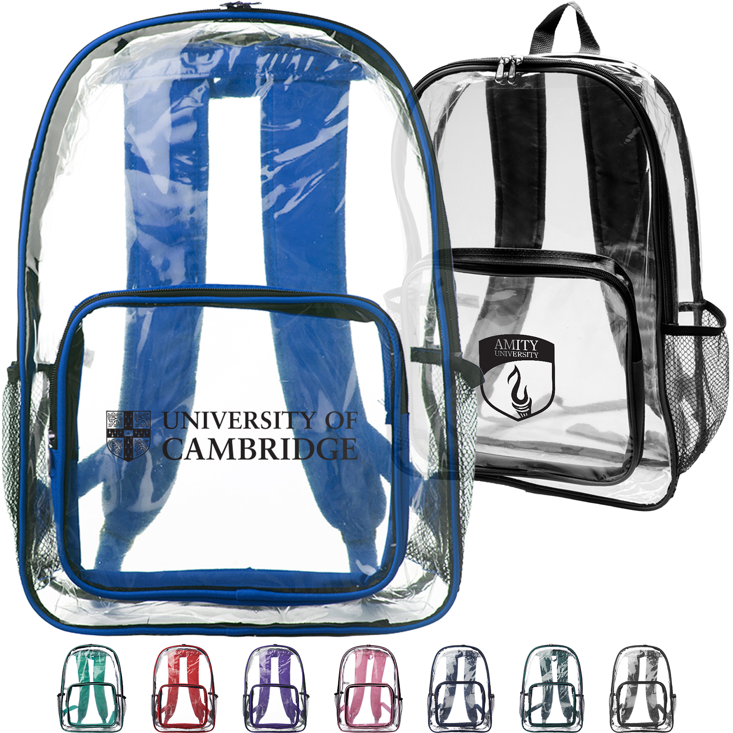 Clear Plastic Backpack w/ Mesh Pocket 13"W x 18"H