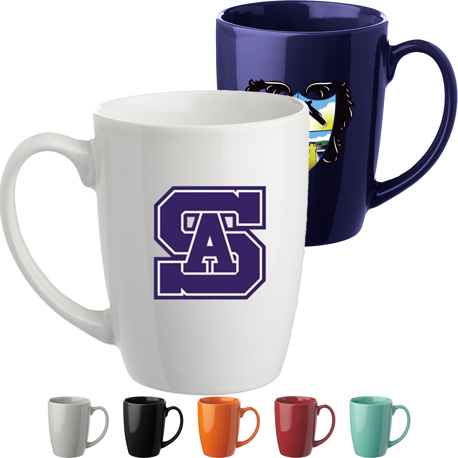 12 oz Custom Imprint Glossy Mugs Curved Grip