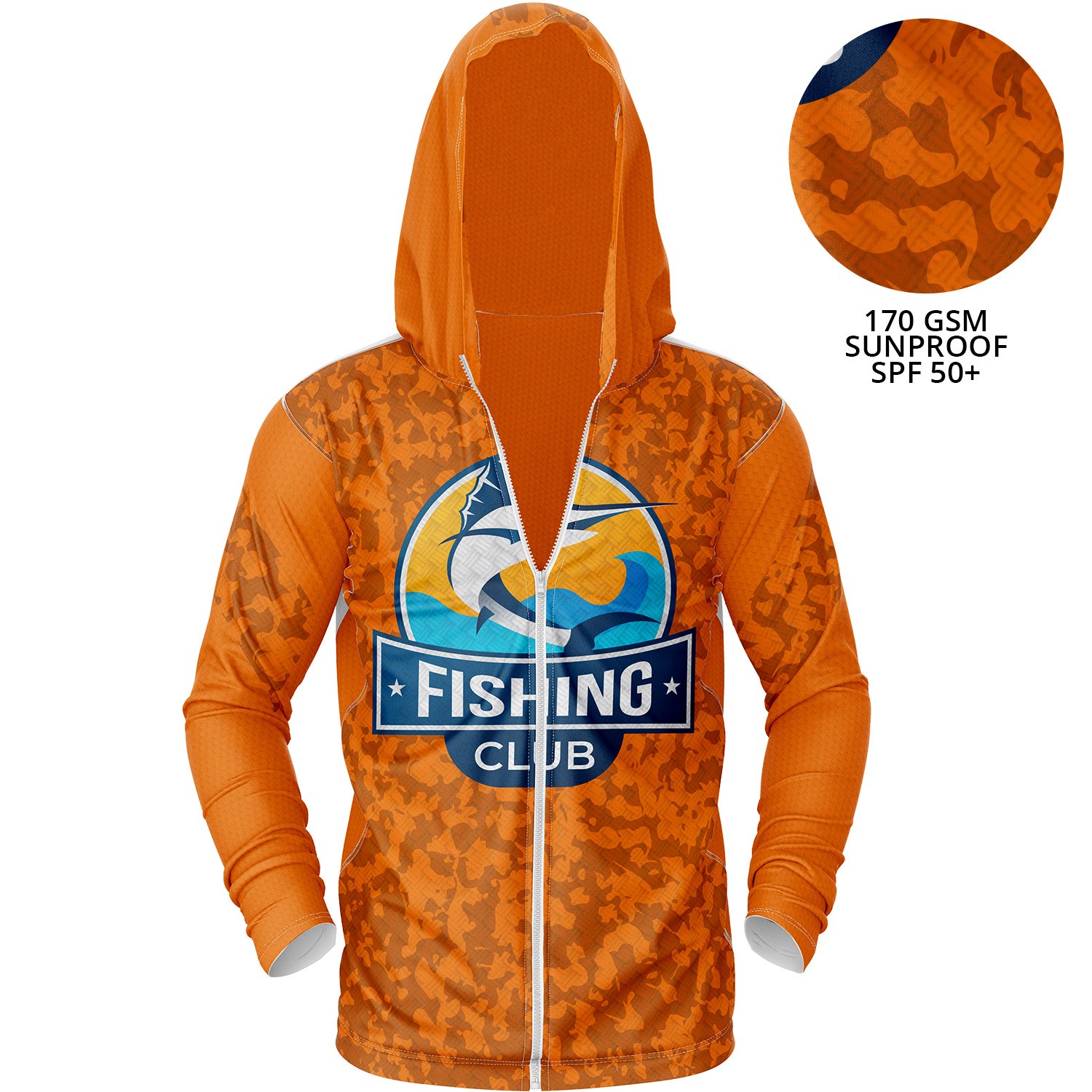 Unisex 170 GSM Sunproof SPF 50+ Fishing Sublimation Pullover Hoodie w/ Full Zipper