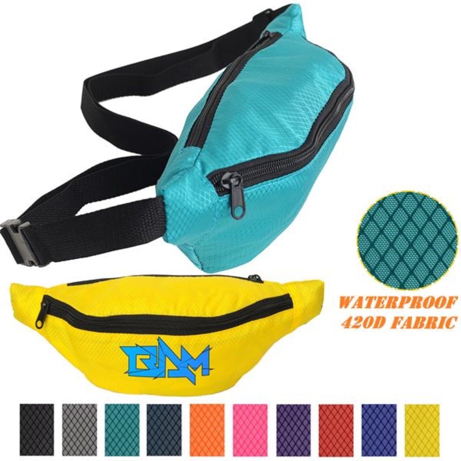 Waterproof Ribstop Waist Fanny Pack w/ 2 Zippers, 13"W x 6"H