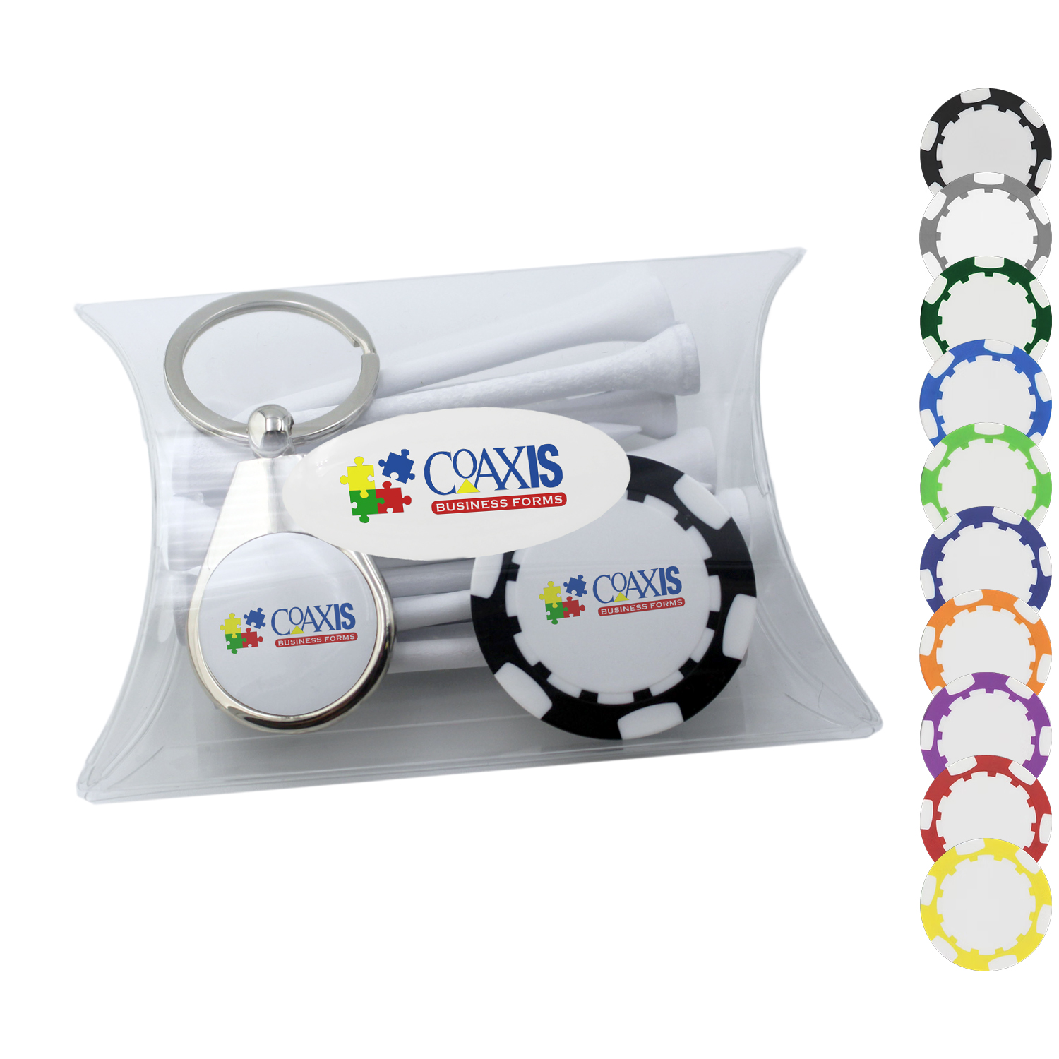 Clear Pillow Pack Golf Gift Set - Key Ring, Poker Chip & Tees