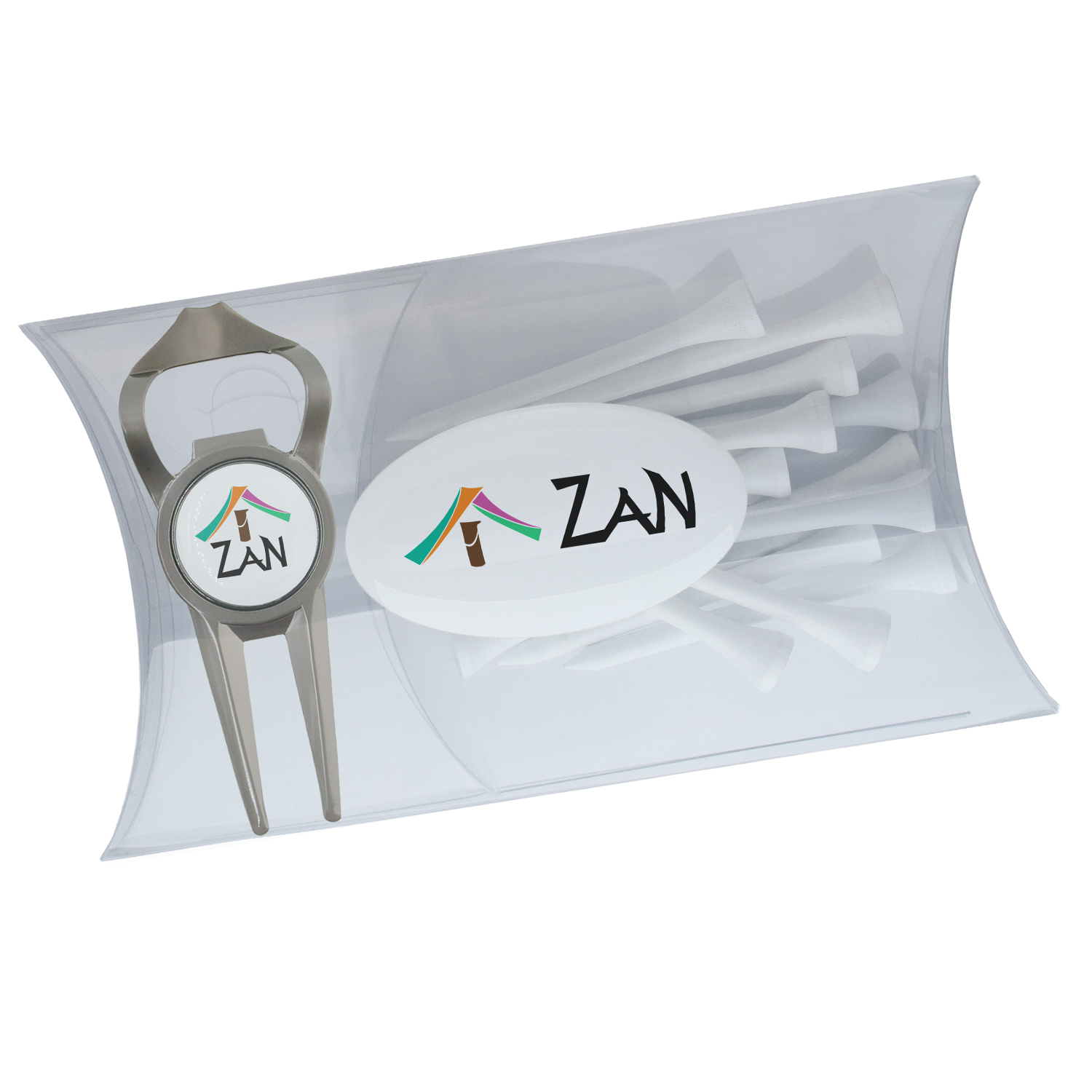 Clear Pillow Pack Golf Gift Set - Divot Tool w/ Bottle Opener & Tees