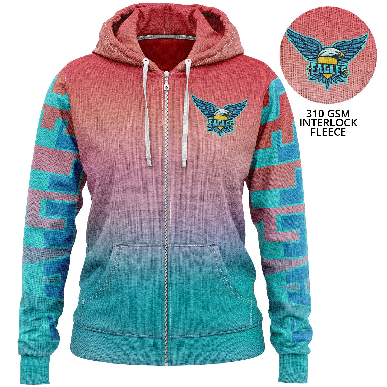 Women's 310 GSM Interlock Fleece Sublimation Full Zip Hoodie w/ Pockets