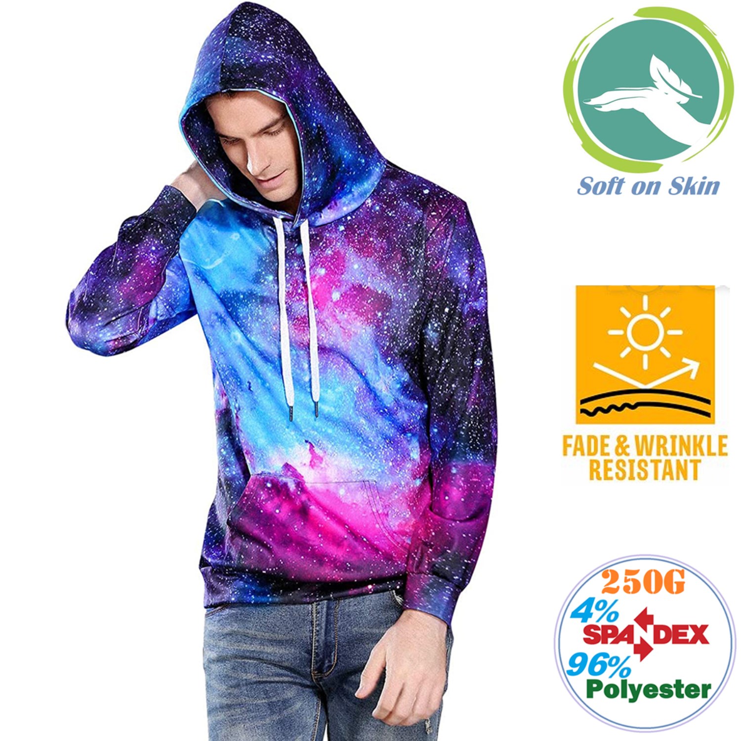 250G Fleece Men's Pullover Hoodies w/ 2 Pockets, Creaseproof
