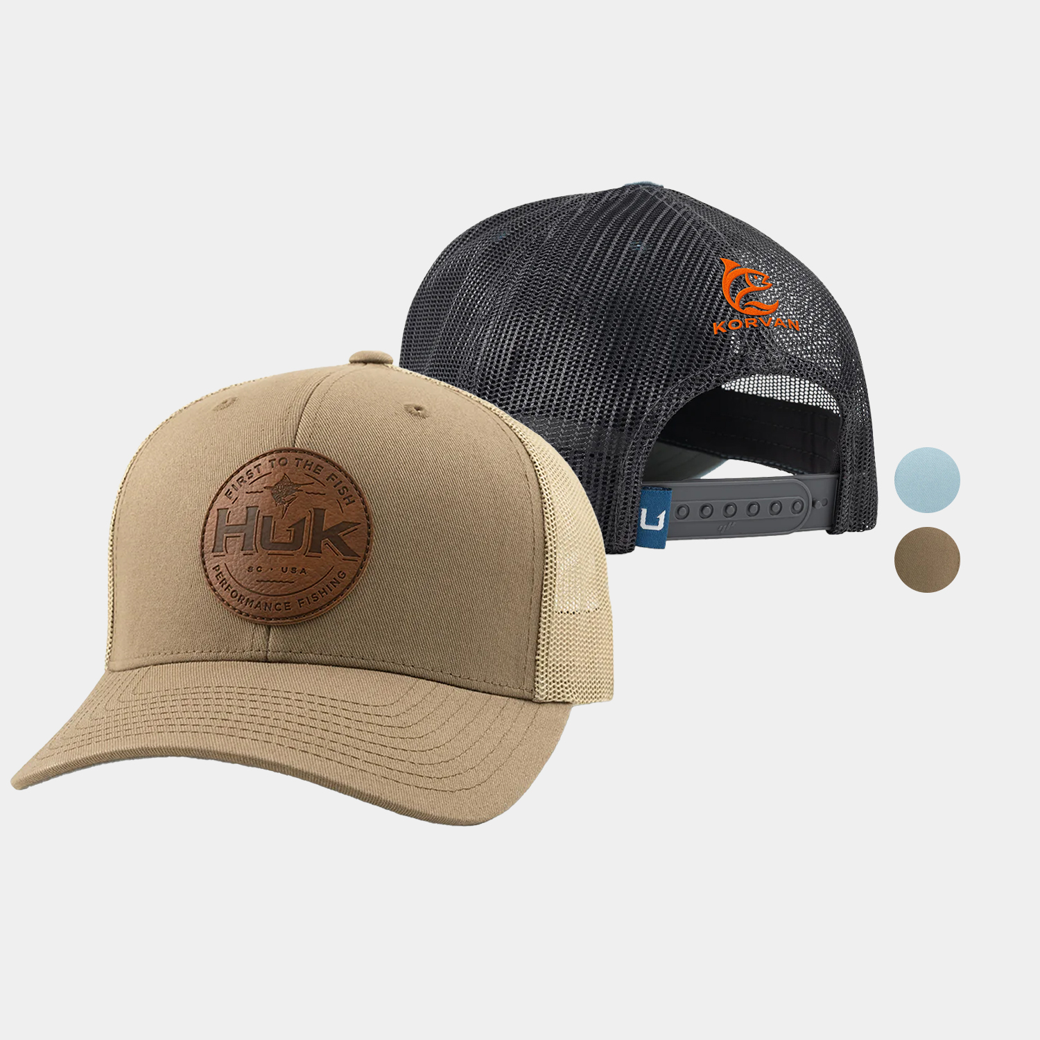 HUK® Leather Patch Trucker Hat with adjustable Snapback and Custom Logo