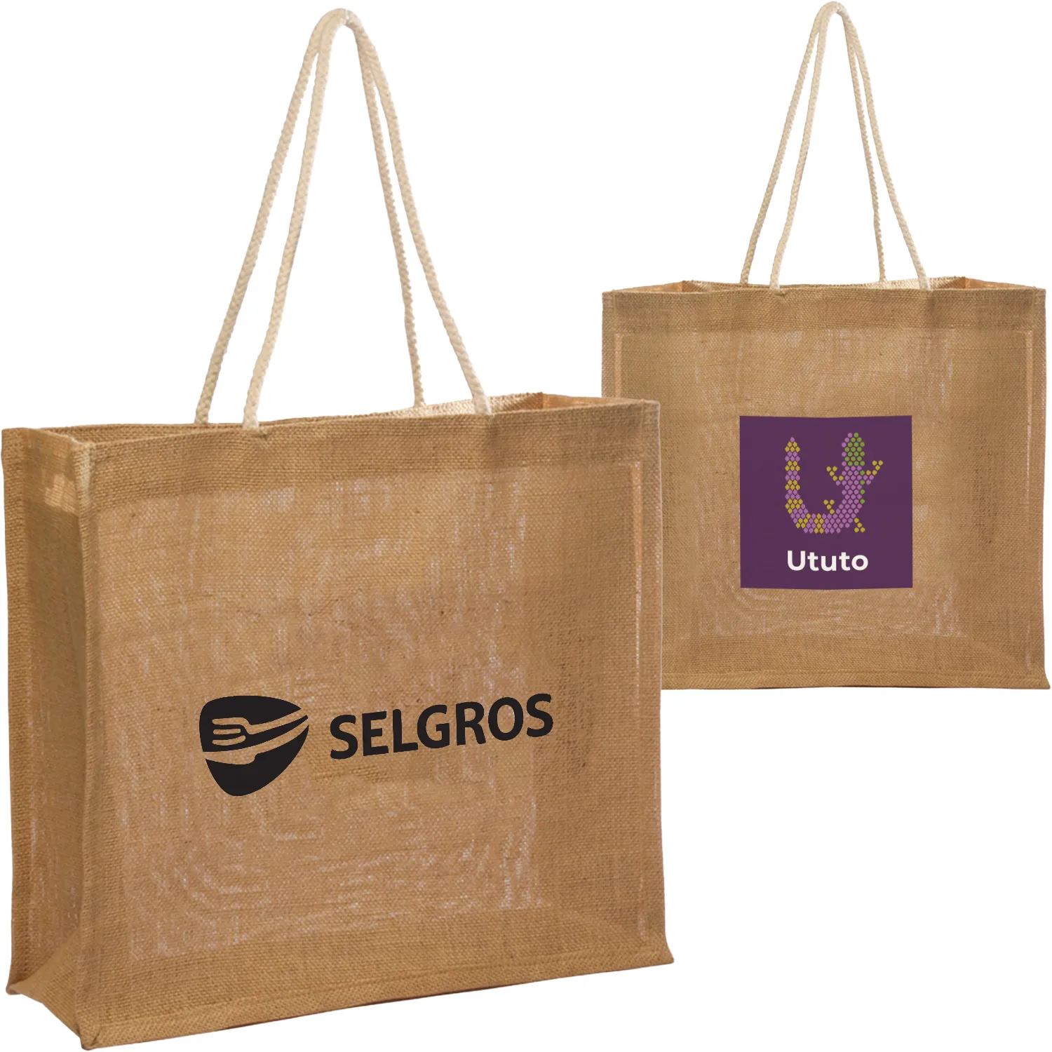 Recyclable Natural Shopping Jute Bag & Rope Handle  W/ Gusset (15" x 14" x 6")