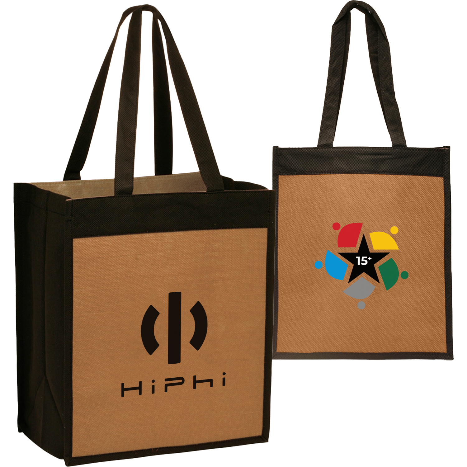 Convention Laminated Jute Tote Bag, Black Panels W/ Gusset (12" W x 13.75" H x 4")